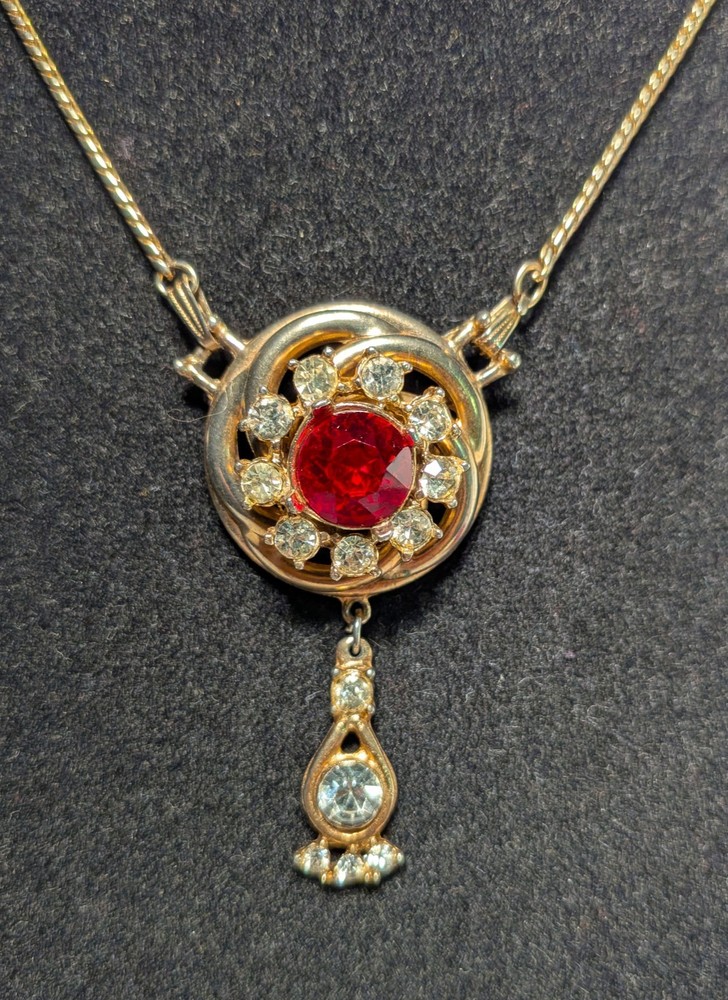 Vintage Deco Rhinestone Ruby Red Crystal Brooch/Necklace Barclay ? Unsigned Pin
