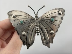 BIG Vtg Sterling Silver Butterfly Brooch Mexico Turquoise Stones 3.25″ Insect
