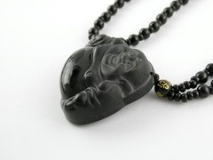 Black Onyx Carved Buddha Pendant Necklace Black Beaded Strand No Clasp 68.5g