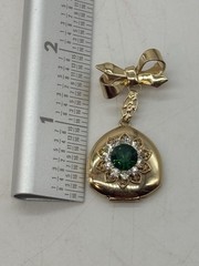 Vintage Bow Locket Pin Brooch Gold Tone Green Stone Rhinestones Original Photos
