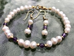 Vintage Genuine Pearl And Lavender Purple Amethyst Bead Bracelet & Earrings