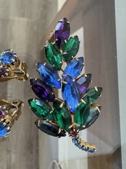 Vtg D&E Delizza Elster Juliana Brooch Earrings Peacock Blue Green Rhinestone