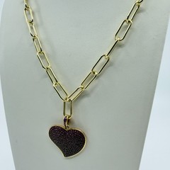 Gold Tone Red Pave Rhinestone Heart Pendant Paperclip Chain Necklace Statement