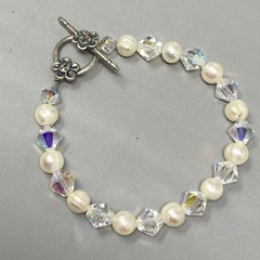 Crystal Glass and Genuine Pearl Beaded Necklace Bracelet Set AB Sterling Clasp