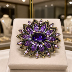 Antiqued Gold-tone Purple Crystal Flower Brooch