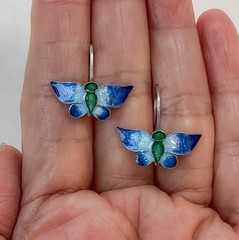 Sweet Butterfly Earrings Drop Blue Green Enamel Sterling Silver Hook Estate Vtg