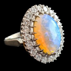 Vintage Opal Diamonds 14k White Gold Large Cocktail Ring Halo Estate Gift