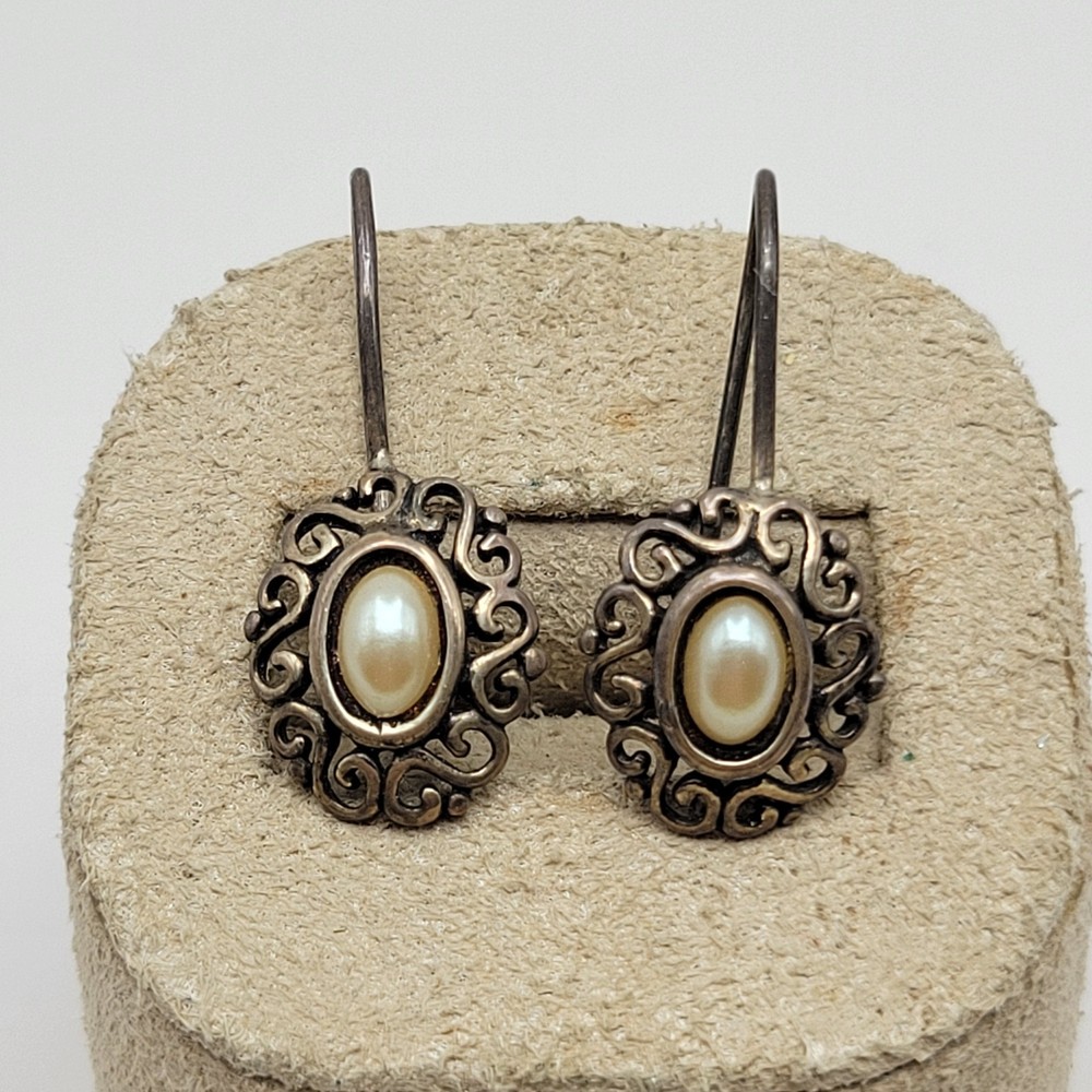 Vintage Jezlaine Sterling Silver Openwork Half Pearl Drop Dangle Earrings – 1″