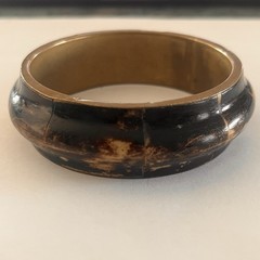 Vintage Natural Horn Bangle Bracelet Brass Lined Segmented Tortoise Pattern Wide
