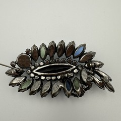 Vintage Rhinestone Brooch Blue Green Black Navette Cabochon Layered Statement