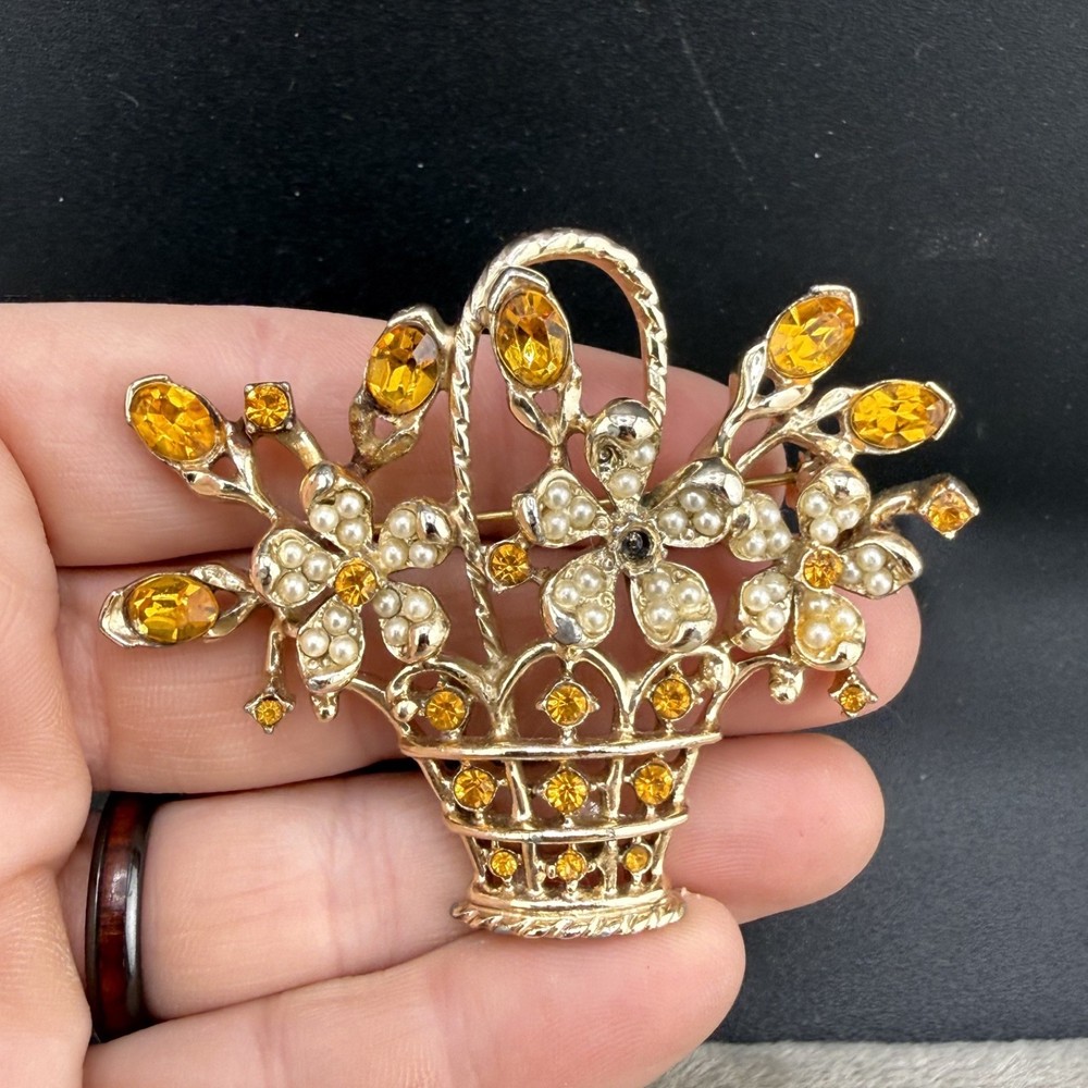 Vintage Rhinestone Brooch Flower Basket Orange Gold Tone READ