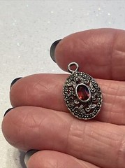 STERLING Silver Marked CW Almandine Garnet AND Marcasite Round Pendant C05