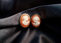 Vintage CROWN TRIFARI 1960s Gold Toned Orange and Ivory Cameo Clip On Earrings