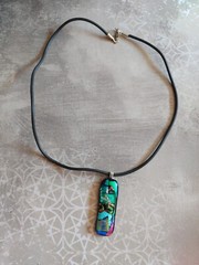 Vintage necklace precious metal foil art glass pendant on neoprene cord 19″