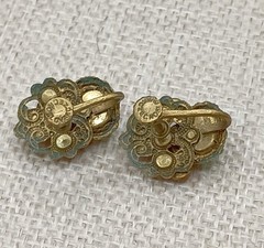 Art Deco Czech Aqua Blue Stone Earrings Flower Basket Gold Tone Screw Back
