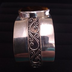 Sterling Indonesia 925 Bangle Wide Cuff with Round Faceted Tiger Eye Stone