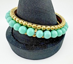 Vintage Napier Heavy Bangle Bracelet Gold Tone Teal Glass Bead Statement 8″