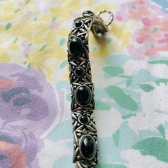 Vintage Black Cabochon Panel Link Bracelet Toggle Clasp Silver Tone Gothic Boho