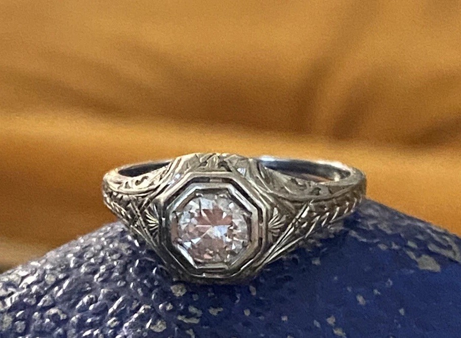 18k Gold Belais Art Deco Engagement Ring Engraved Shank ~0.56 Ct OEC Diamond