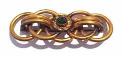 Brooch Brass Old Vintage Handmade Green Glass Stone Hand Work Retro Mid Century