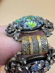 Vtg Judy Lee Peacock Carnival Art Glass Panel Bracelet Renaissance Revival