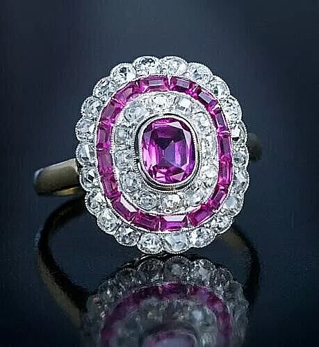 3.4Ct Art Deco Style Pink Lab Created Sapphire Engagement 14k White Gold FN Ring