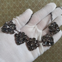 Vintage Smoky Gray Necklace Cocktail Rhinestone Bib Victorian Revival Royal VTG