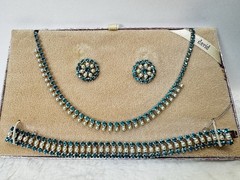 VTG B. David Faux-Emerald Rhinestone F Seed Pearl Necklace Earrings Bracelet SET
