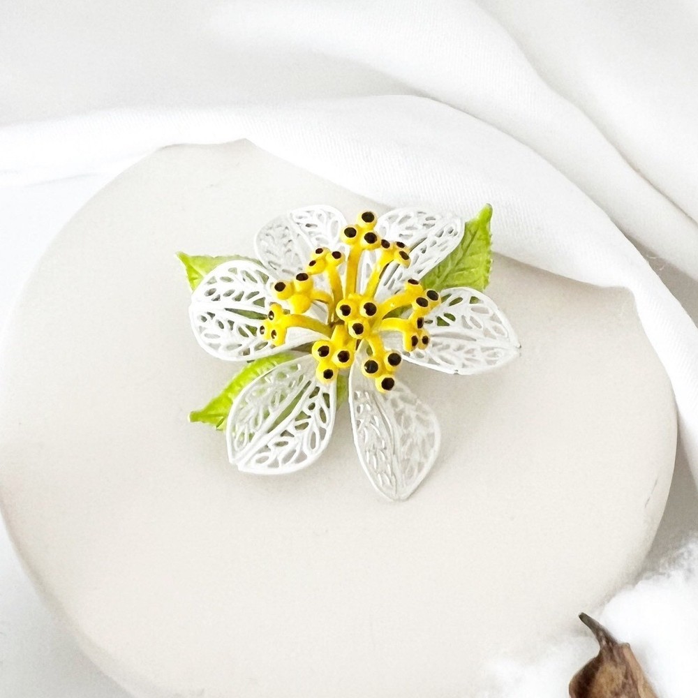 1960s Flower Brooch White Yellow Enamel Filigree Vintage Floral Pin