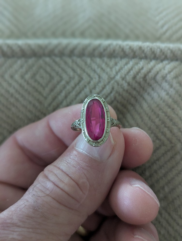 Vintage 18k white gold Art Deco Synthetic Ruby ring 1920s-30s size:6.25