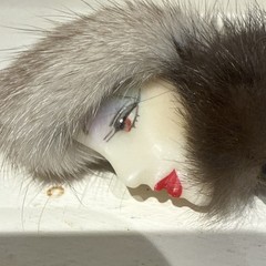 Vintage 80s Lady Face & Fur Hair Brooch Pin Glam