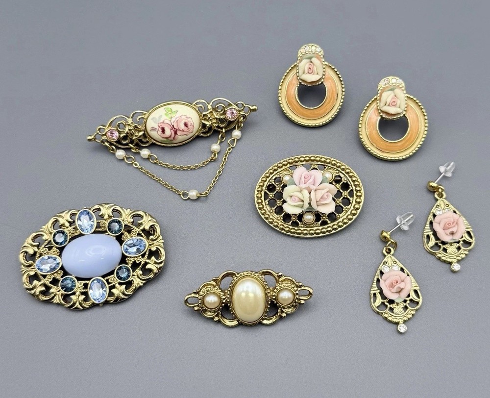 Vintage 1928 Jewelry Lot Ceramic Rose Flower Rhinestone Victorian Faux Pearl