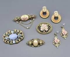 Vintage 1928 Jewelry Lot Ceramic Rose Flower Rhinestone Victorian Faux Pearl