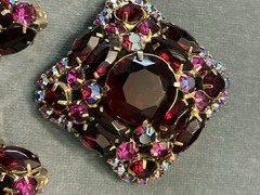 VTG JULIANA DeLIZZA ELSTER RED FUCHSIA RHINESTONE BROOCH EARRINGS SET PARURE