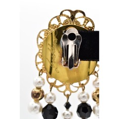Jacklynn Vintage Beaded Fringe Clip On Earrings Black Crystal Pearl Gold BinBF