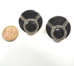 VTG STERLING SILVER Black Onyx Marcasite Stone Clip NonPierced Earrings 16.8 Grm