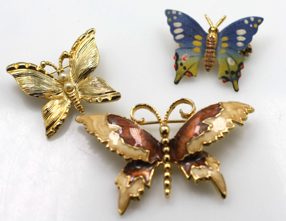 Vintage 3 PC gold tone butterfly lot enamel faux pearl AAI pin brooches