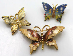 Vintage 3 PC gold tone butterfly lot enamel faux pearl AAI pin brooches