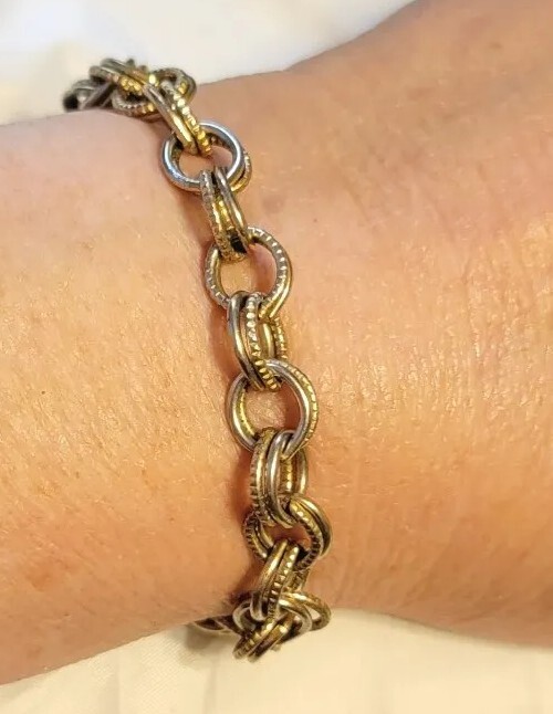 Vintage BSK Double Hoop Link Bracelet, Brassy Gold-tone Designer 7″ gbr-69
