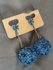 Woman’s 1960’s Earrings Clip Dangling Blue Flower Ball 2 Inch Enamel