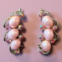Pink Clip On Climber Earrings Signed STAR Pearl Rhinestone Vintage