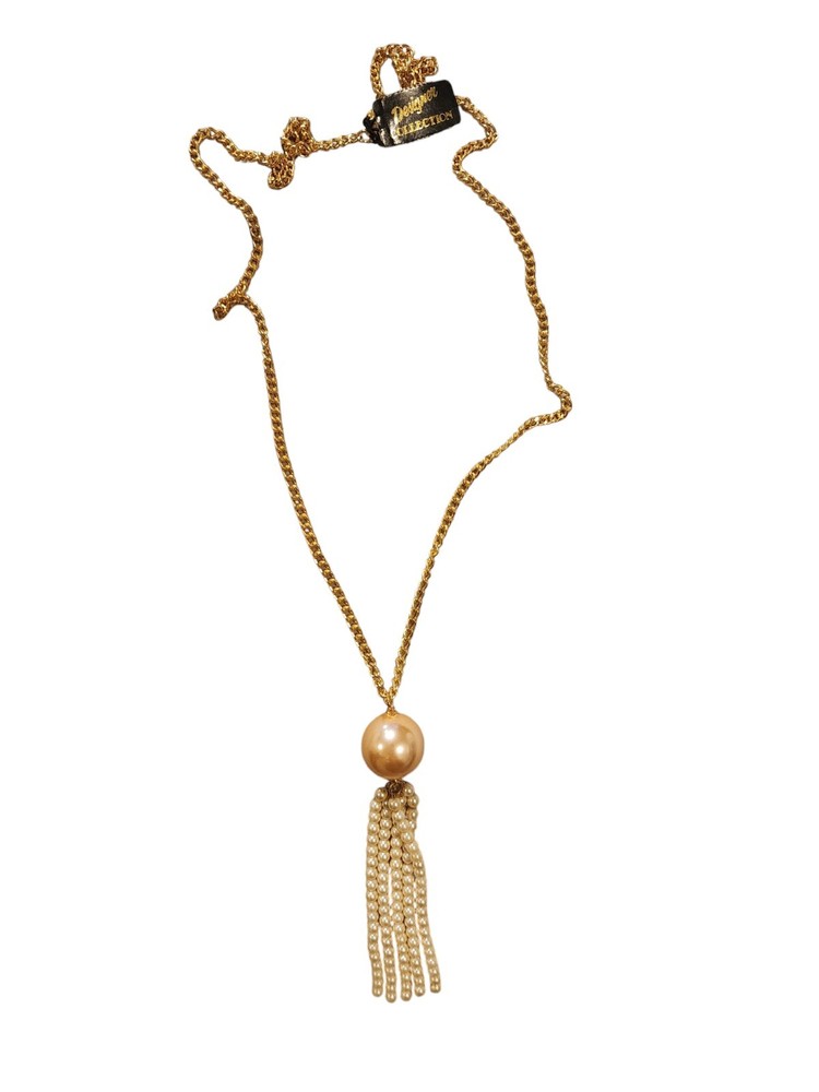 Vintage Goldtone Necklace with Large Faux Pearl And Faux Pearl Tassle 30″