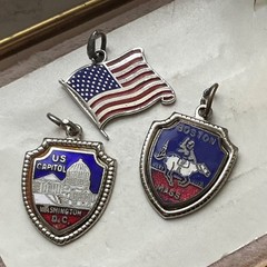 Vintage USA STERLING Enamel CHARMS Flag Boston Capitol RED WHITE BLUE Shields