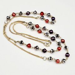 Colorful Burgundy and Plum Pearl with Crystal Beaded Long Station Necklace 36 in