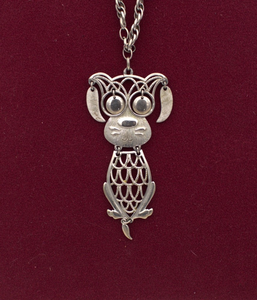 1960s Puppy Dog Articulated Moving Ears Eyes Tail Silver Tone Pendant Necklace