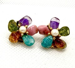 AUTHENTIC SWOBODA FLOWER EARRINGS ~ GENUINE SAPPHIRE PEARL MULTISTONE CLIP ON