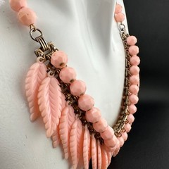 Vintage Pink Leaf Fringe Choker Necklace Carved Acrylic Beaded Chain Cha Cha