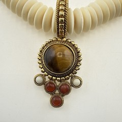 RJ Graziano Necklace Earrings Set Tigers Eye Carnelian Boho Cabochon Gold Tone