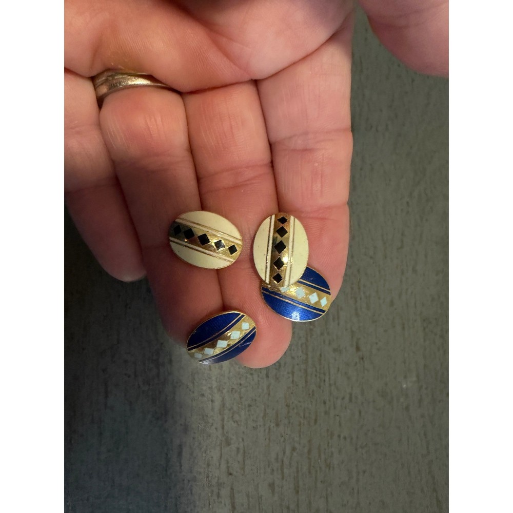 Vintage Enamel Oval Stud Earrings Set Blue Cream Gold Tone Geometric Harlequin