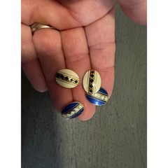 Vintage Enamel Oval Stud Earrings Set Blue Cream Gold Tone Geometric Harlequin